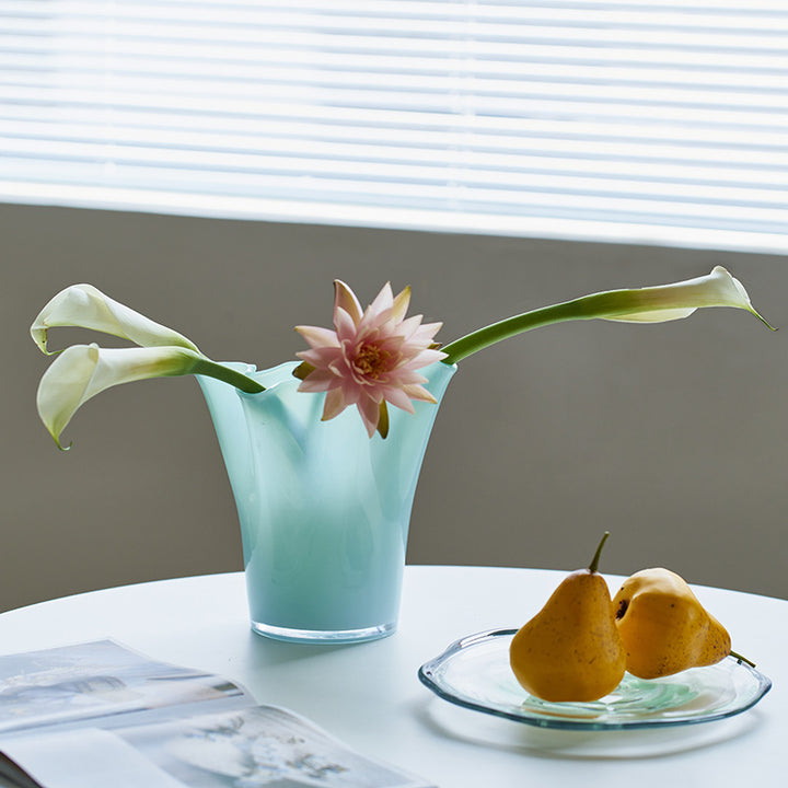 Handblown Tall Ruffled Rim Glass Vase Kalsten
