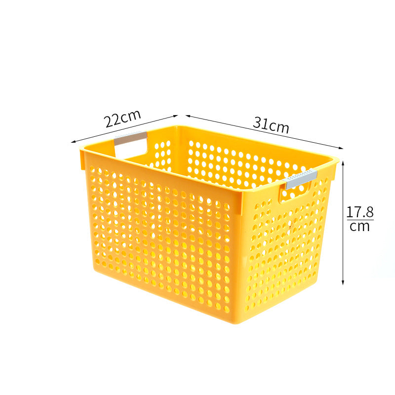 Flat plastic storage box with perforated side wall and grip recesses
