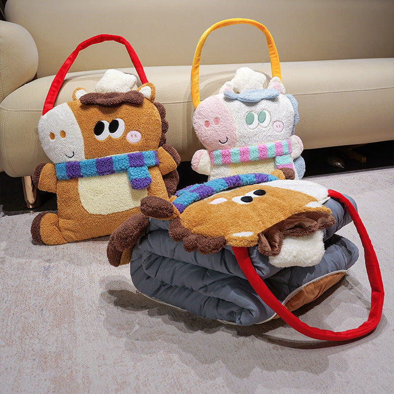 Cozy plush shoulder bag with animal motif and padded carrying handle