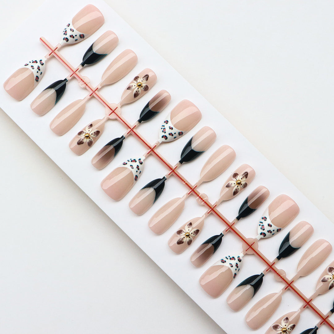 Artistic Press-On Nail Set with Floral Designs