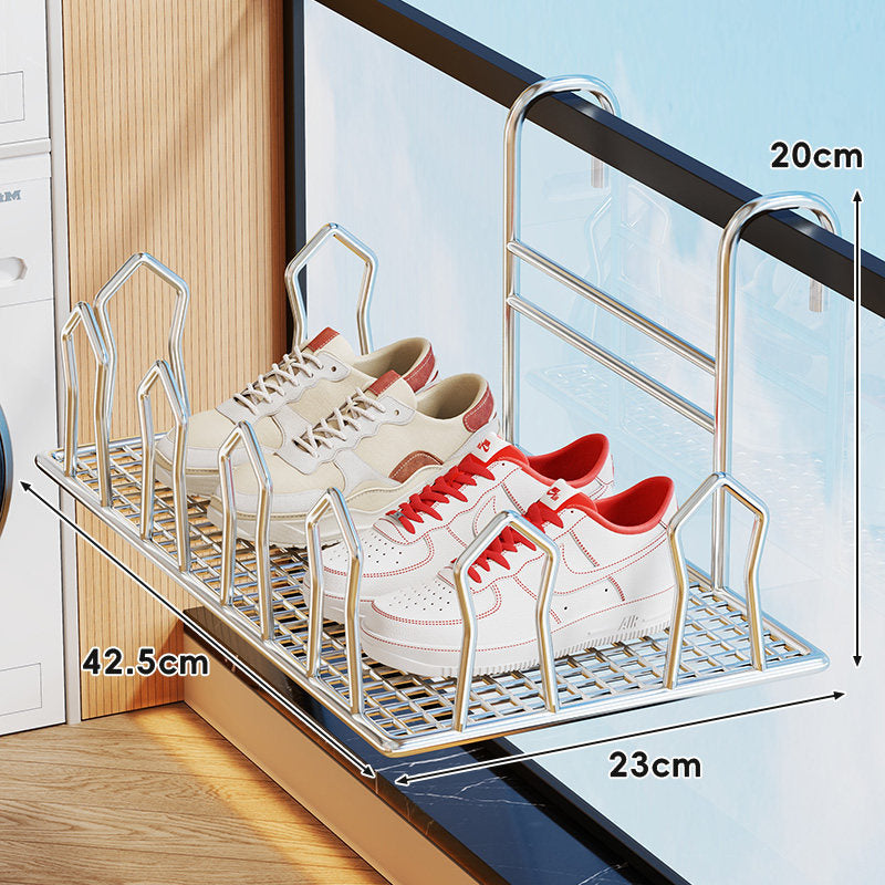 Balcony-Hung Ventilated Shoe Shelf with Drainable Mesh Base and Adjustable Dividers