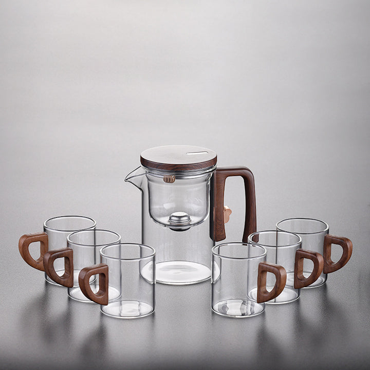 Artisan Glass Tea Set With Wooden Handle Pitcher And Serving Tray