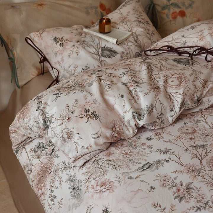Luxury cotton satin bedding set with floral pattern and hotel closure