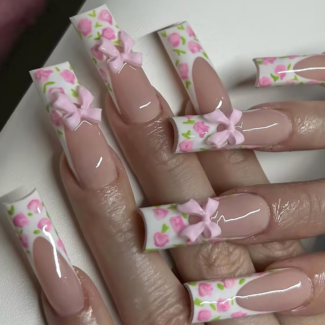 Floral Bow-Design Long Press-On Nails Kalsten