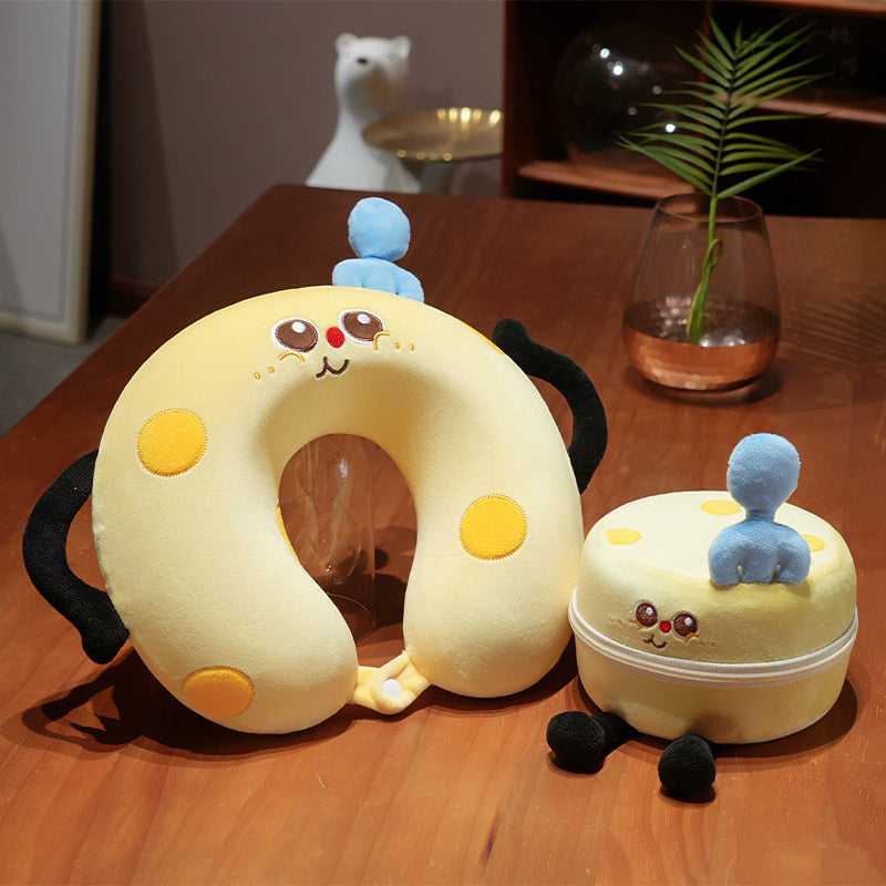 Cozy ergonomic travel pillow with cat design and integrated storage bag