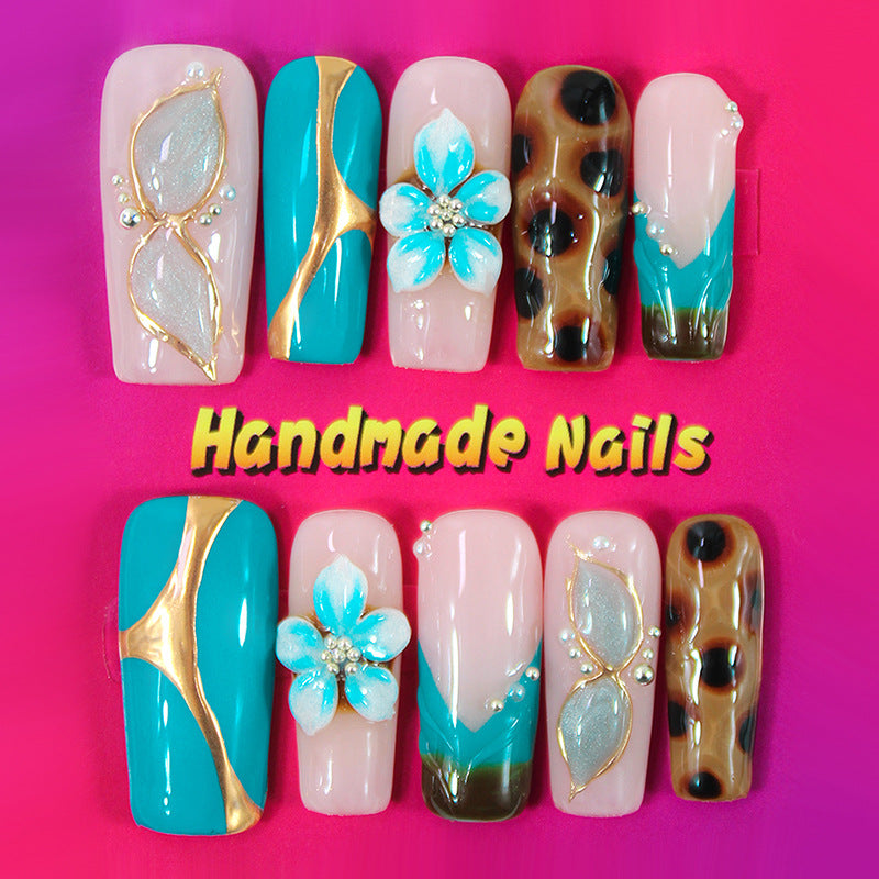 Artificial Nails Set with Handmade Glitter and Flower Designs Kalsten