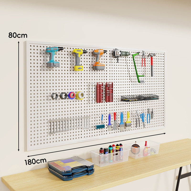 Wall-Mounted Perforated Metal Tool Pegboard Organizer Panel with Modular Hooks and Wire Baskets