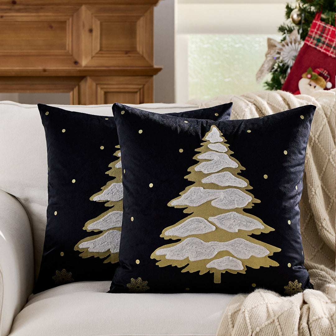 Velvet Embroidered Festive Accent Pillow Cover with Metallic Script