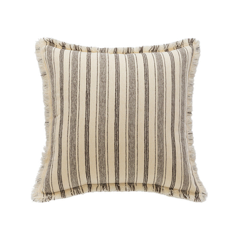 Striped Coastal-Inspired Cotton Square Pillow Cover with Fringed Edge and Concealed Zip