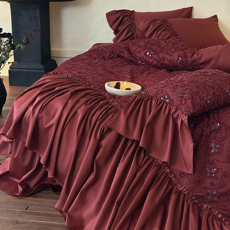 Luxurious bedspread and pillow collection with floral 3D embroidery and gathered hem