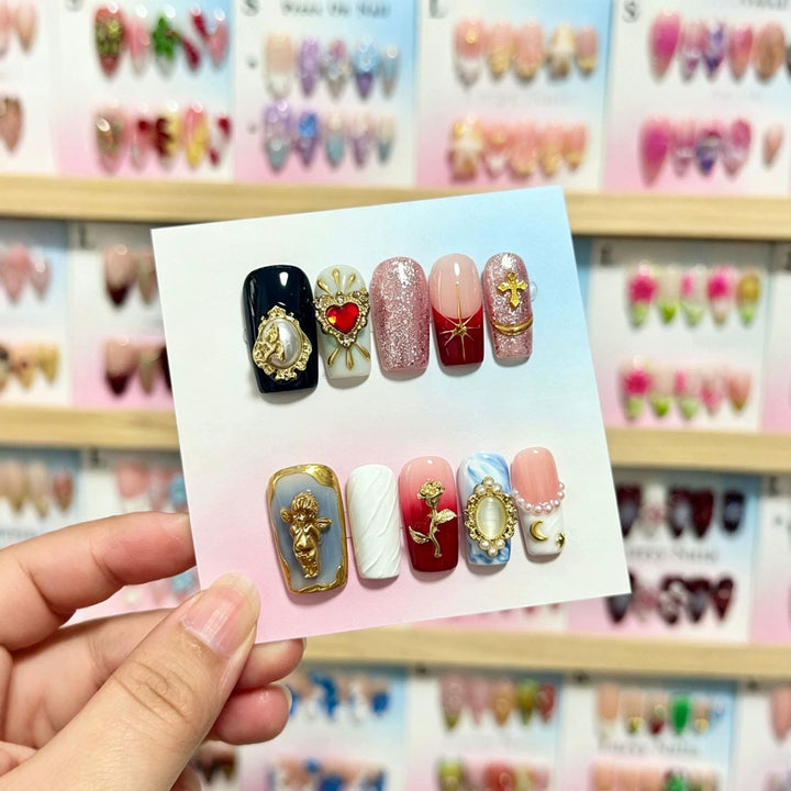 Creative Decorative Press-On Nail Art Set with Charms and Unique Designs