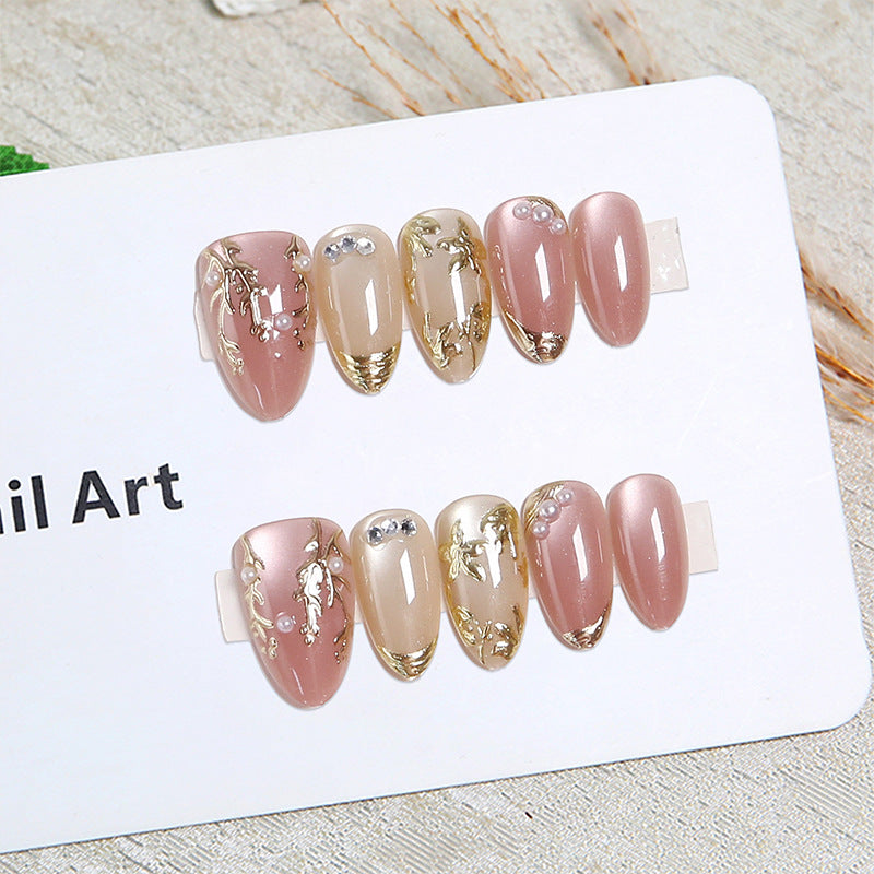 Artificial Nail Set with Elegant Gold Accent and Rhinestone Decorations Kalsten