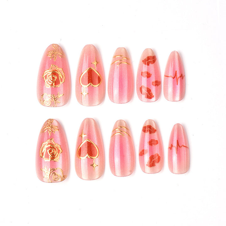 Romantic Heart and Rose-Themed Press-On Nail Art