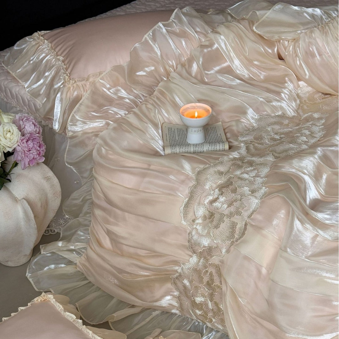 Luxurious satin bedding set with frills and lace trim