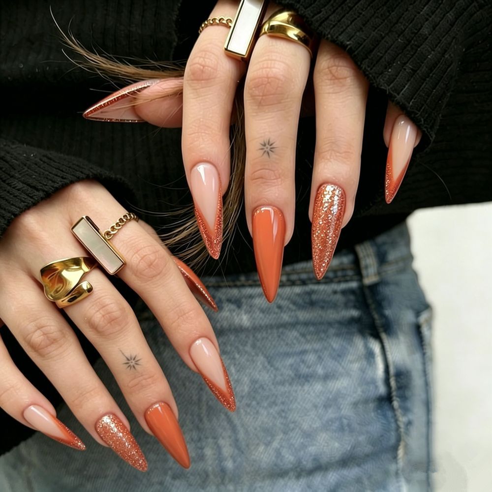 Stiletto-Style Press-On Nail Tips with Glitter Accents