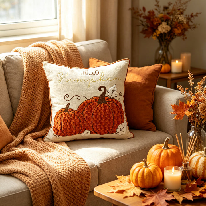 Decorative Autumn Pumpkin Embroidered Throw Pillow