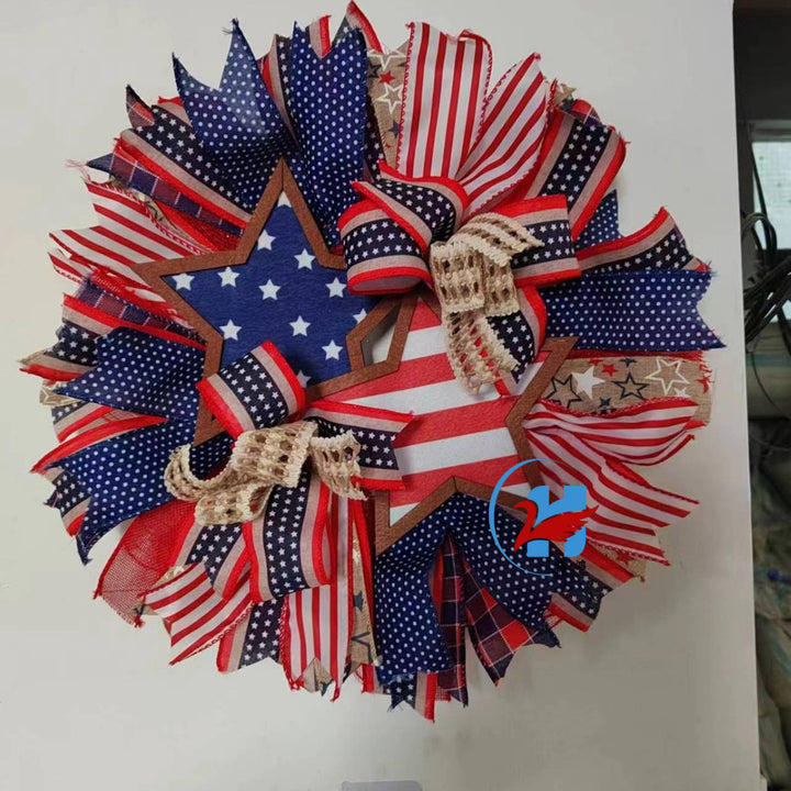Unisex nan more patriotic front door wreath made of wood and jute ribbon with layered star and bow details Kalsten