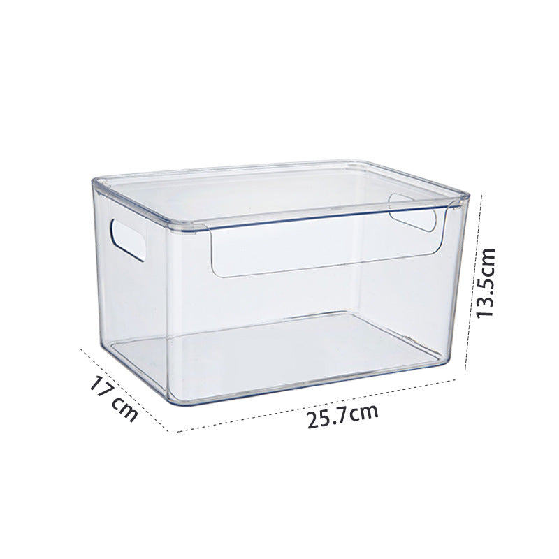 Transparent stackable storage compartment made of shatterproof acrylic with grip cutouts
