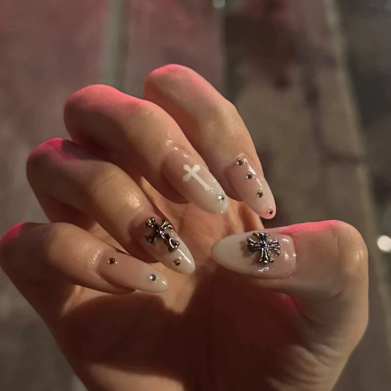 Artistic Cross-Embellished Press-On Nails