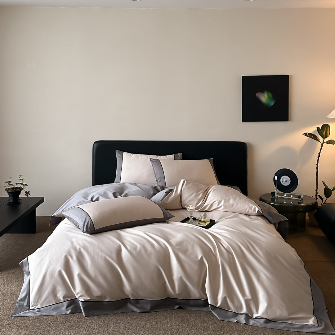 Premium cotton satin bedding set with fine contrast piping and hotel closure