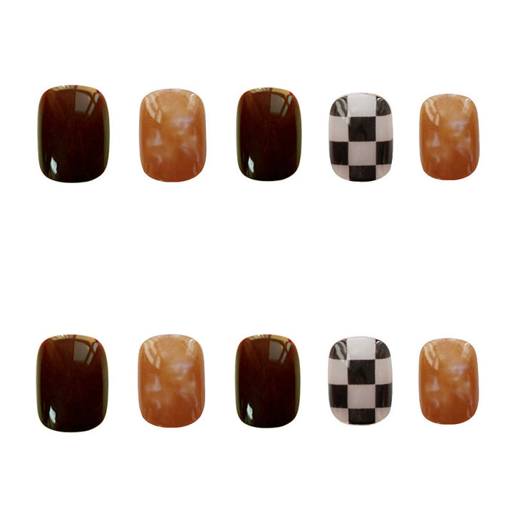 Artistic Press-On Nails with Marble and Checkerboard Design