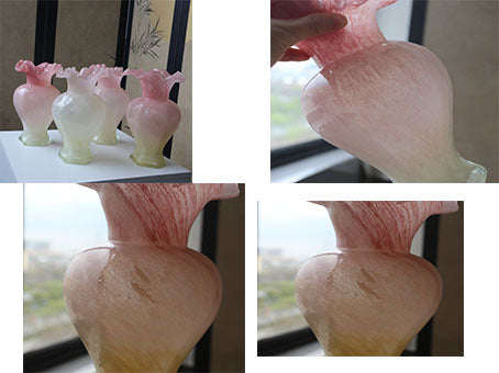 Hand-Blown Ruffled-Rim Art Glass Vase with Ombre Pink Ivory Finish Kalsten