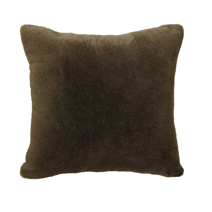Square plush decorative cushion with microfiber faux fur surface and concealed zipper