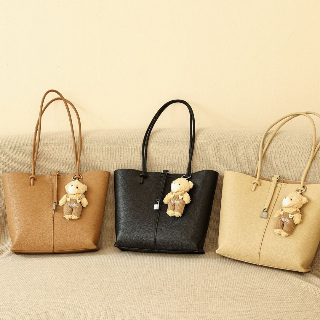 Chic Leather Tote Bag with Bear Charm