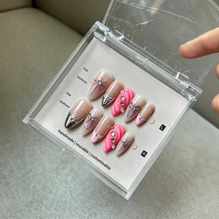 Artistic Press-On Nail Art Set with Gem Details
