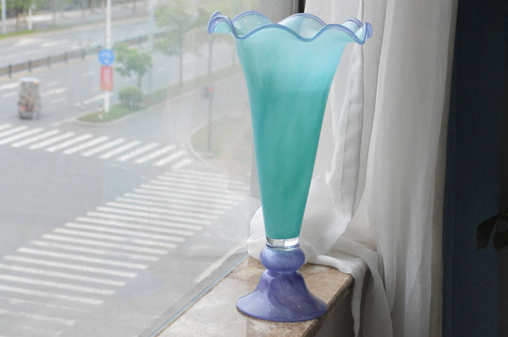 Handblown Fluted Pedestal Art Glass Trumpet Vase Kalsten