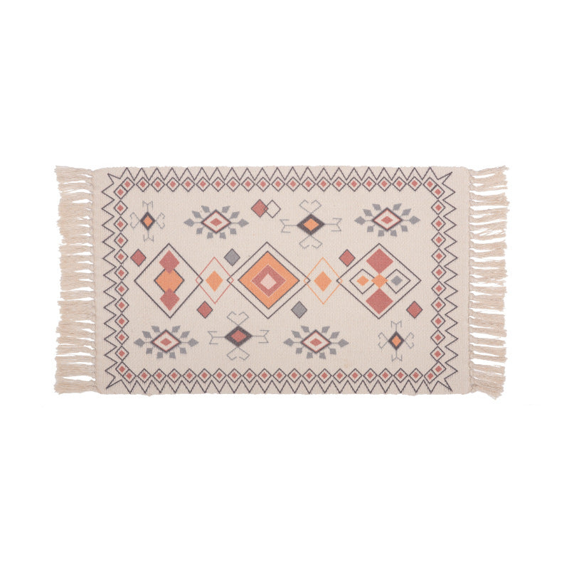 Handwoven cotton table runner with mandala jacquard and decorative fringes