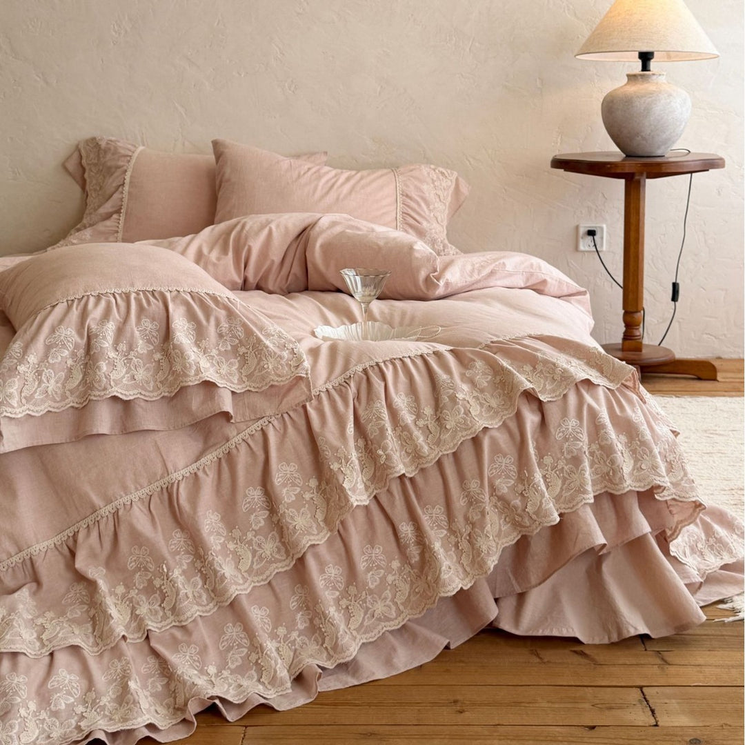 Premium cotton-linen bedding set with multilayered ruffles & floral lace embroidery