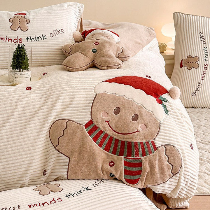 Cozy winter bedding set with embroidered gingerbread motif and velvety structure