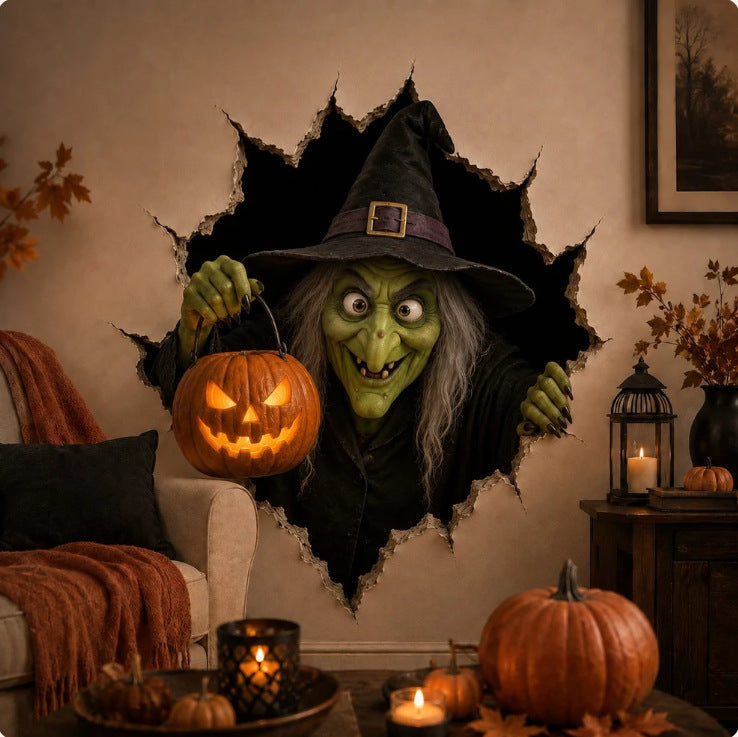 Three-dimensional Halloween wall sticker witch with hole-in-wall effect and pumpkin lantern