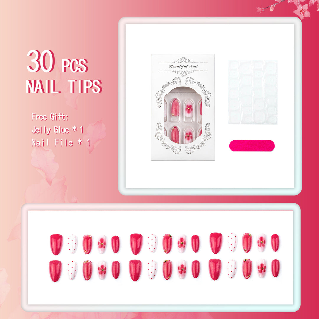 Artistic Press-On Nail Set with Floral and Dot Designs