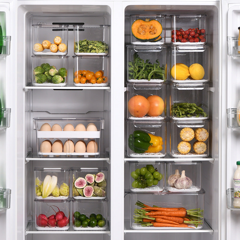 Fridge organizer and freshness box with removable ventilation grid and stackable design