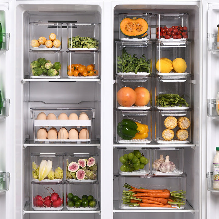 Fridge organizer and freshness box with removable ventilation grid and stackable design