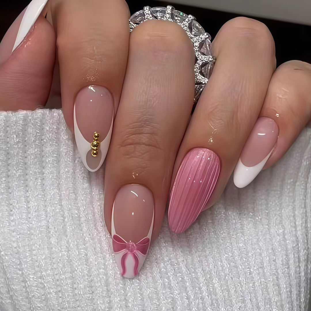Artistic French Tip Press-On Nails with Bow Accents Kalsten
