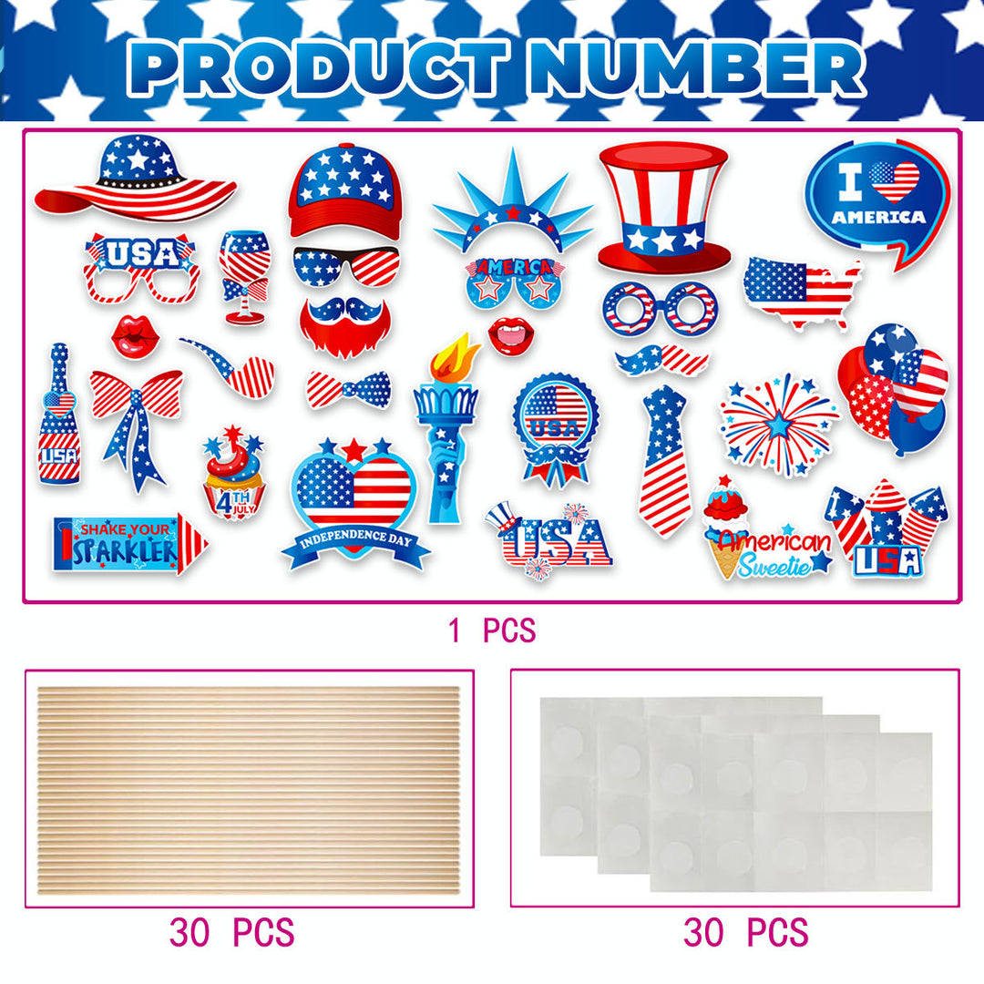 Unisex photo props set with self-adhesive USA-themed stickers, wooden sticks, and adhesive pads Kalsten