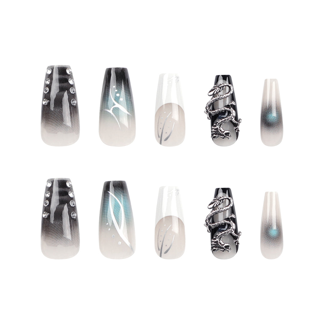 Artistic acrylic nails in elegant ombre design with elaborate details Kalsten