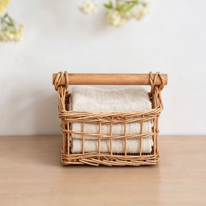 Handcrafted storage basket with wooden handle Kalsten
