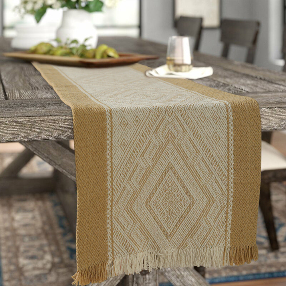 Woven table runner with geometric ethnic ornament and fringes Kalsten