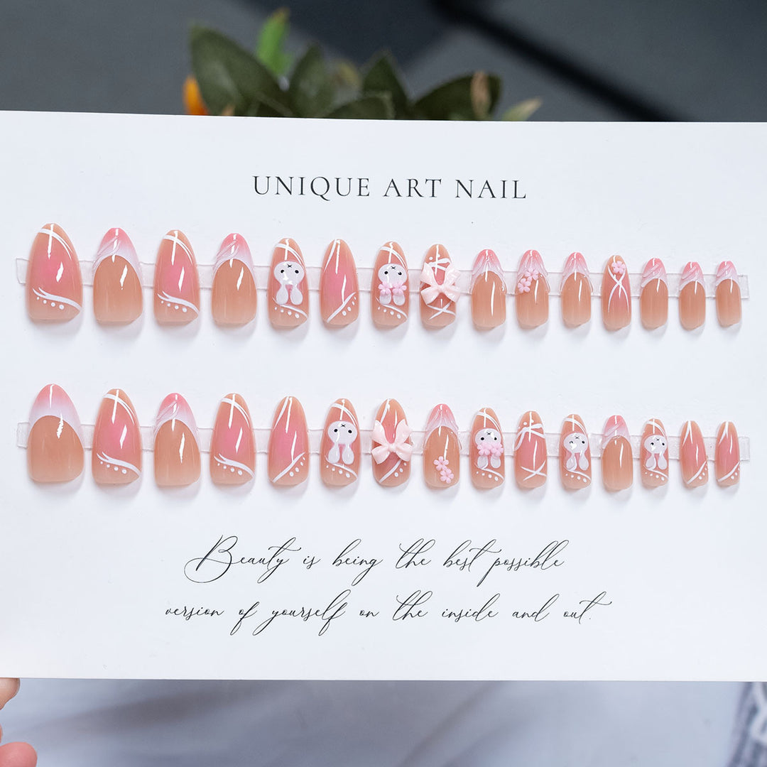 Decorative Press-On Nail Art Set with Cute Bow and Floral Embellishments
