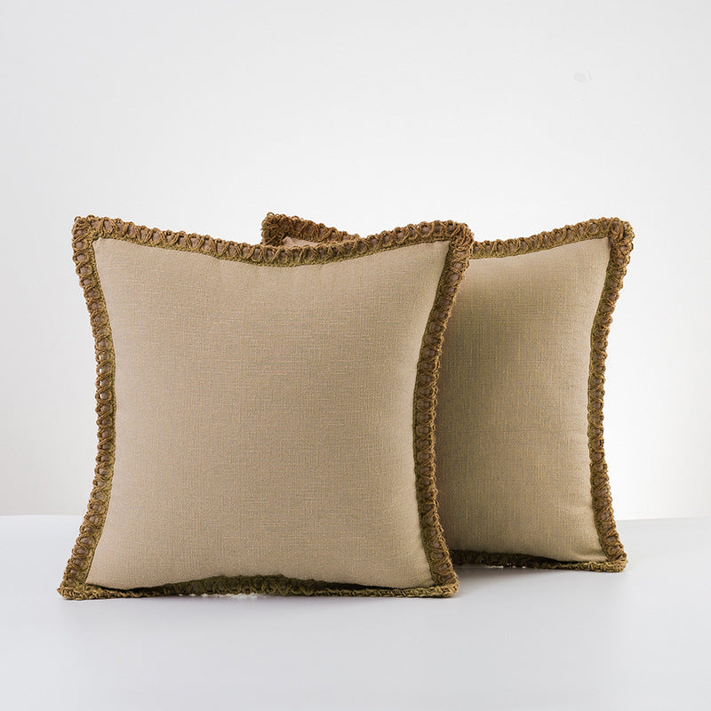 Decorative Linen Throw Pillow Pair with Braided Fringe Trim