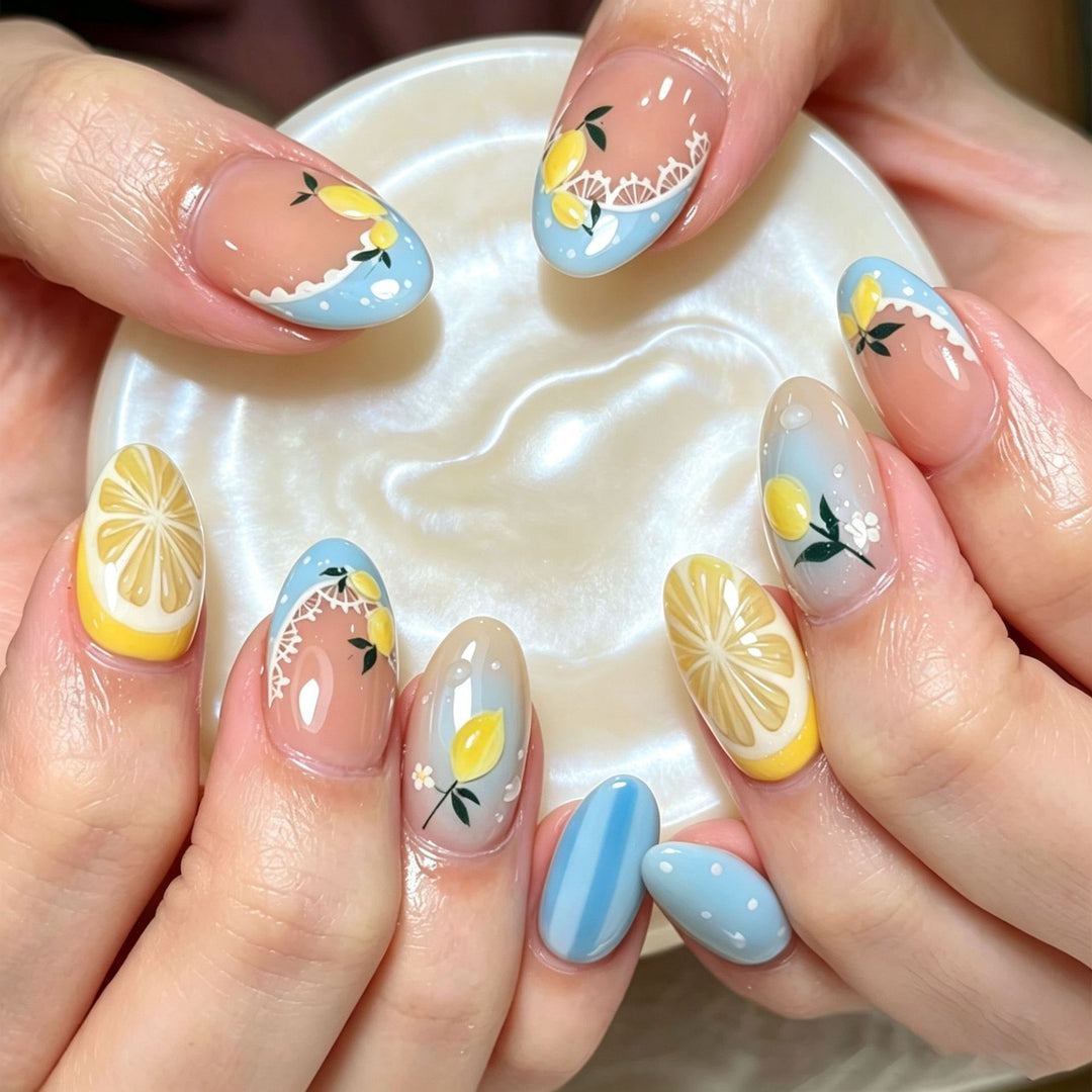 Artificial nail set with cheerful citrus and flower motifs Kalsten