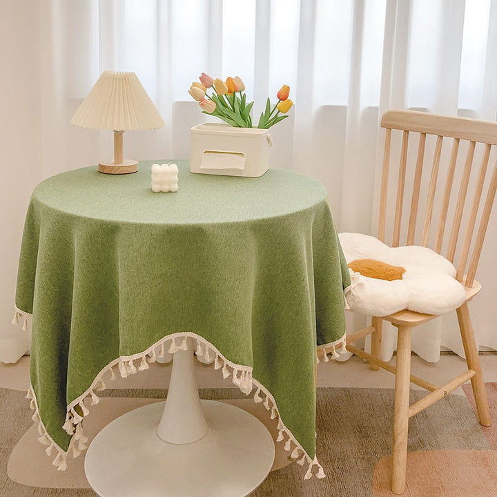 Round Textured Tassel-Trim Tablecloth with Linen-Feel Draped Finish