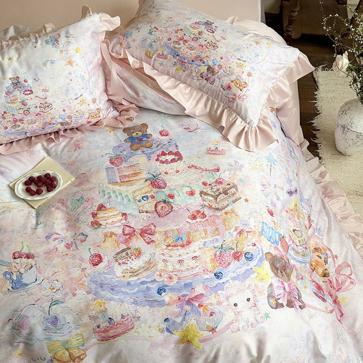 Romantic bedding set with ruffle pillow, cotton satin and watercolor cake & animal motif