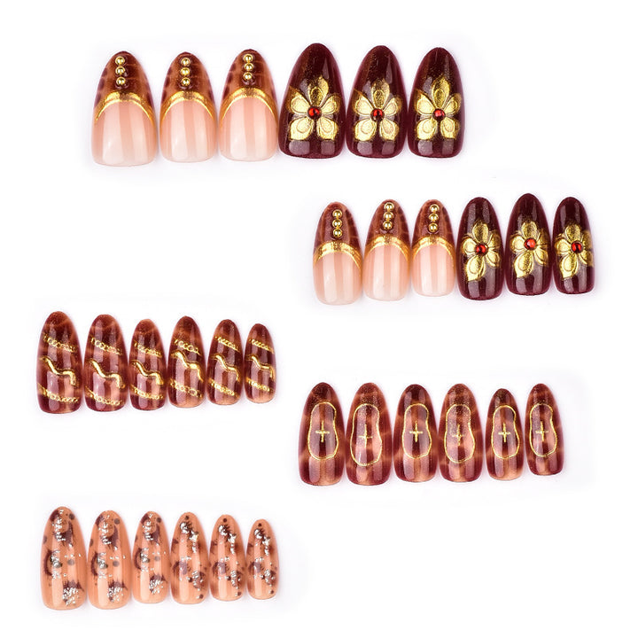 Artistic Press-On Nail Set with Gold Embellishments Kalsten
