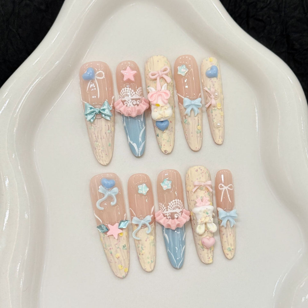 Artistic Press-On Nail Set with Vibrant Ocean-Inspired Accents