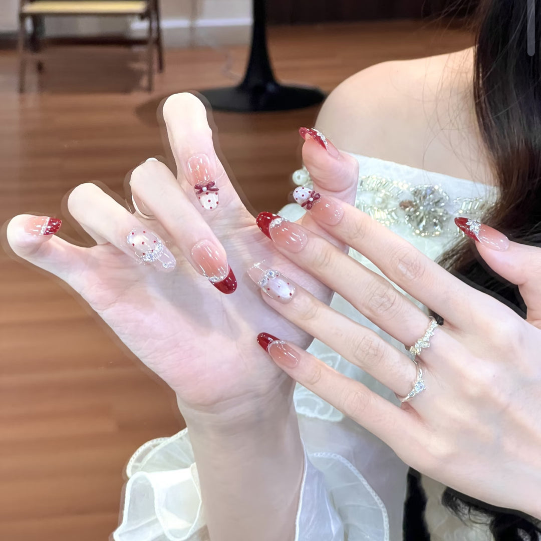 Elegant Press-On Nail Set with Heart and Bow Designs Kalsten